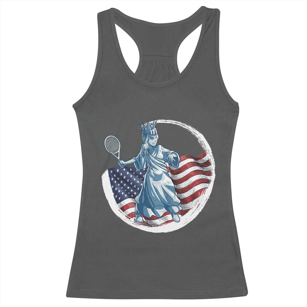 Funny Statue Of Liberty Tennis Player Racerback Tank Top USA Pride Female Tennis Gift TS12 Dark Heather Print Your Wear