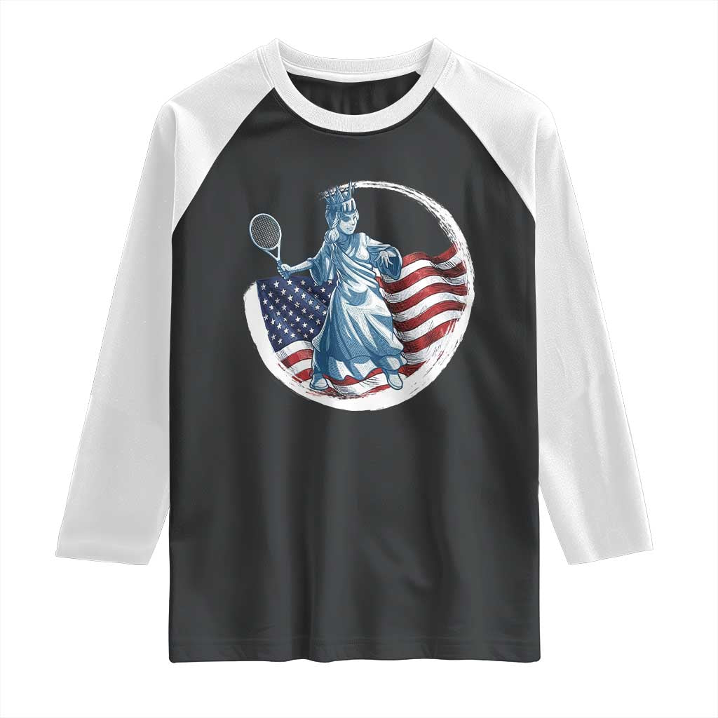 Funny Statue Of Liberty Tennis Player Raglan Shirt USA Pride Female Tennis Gift TS12 Black White Print Your Wear