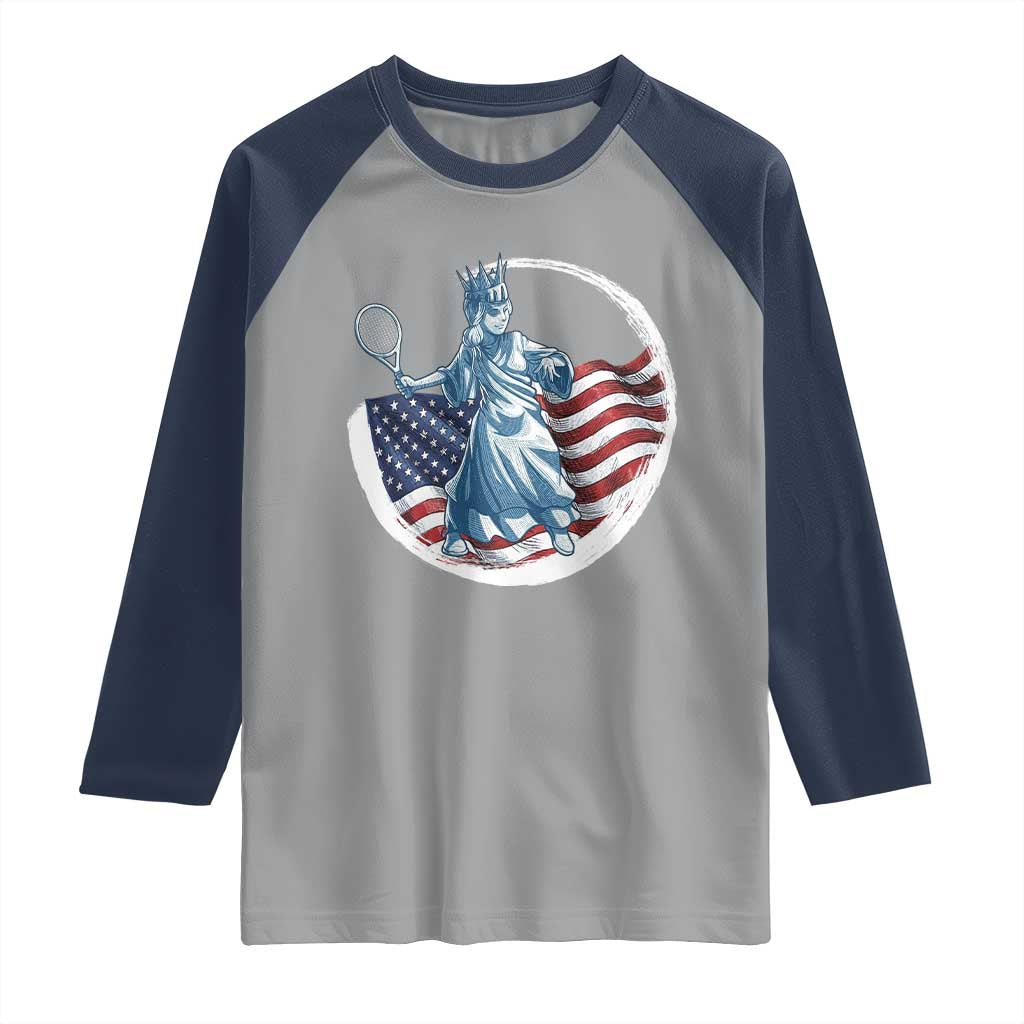 Funny Statue Of Liberty Tennis Player Raglan Shirt USA Pride Female Tennis Gift TS12 Sport Gray Navy Print Your Wear