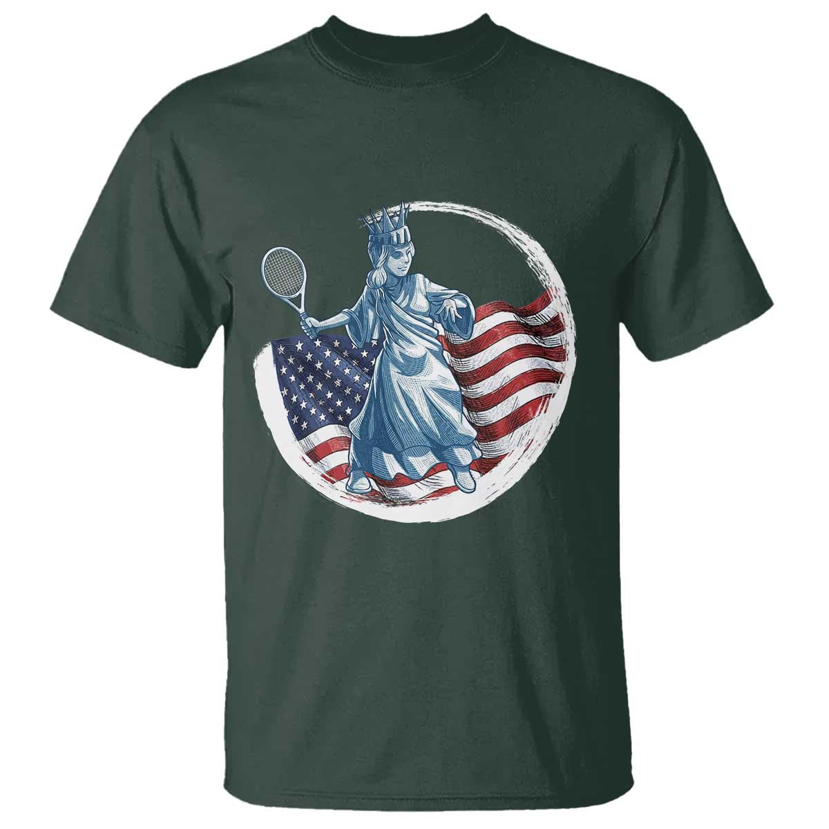 Funny Statue Of Liberty Tennis Player T Shirt USA Pride Female Tennis Gift TS12 Dark Forest Green Print Your Wear