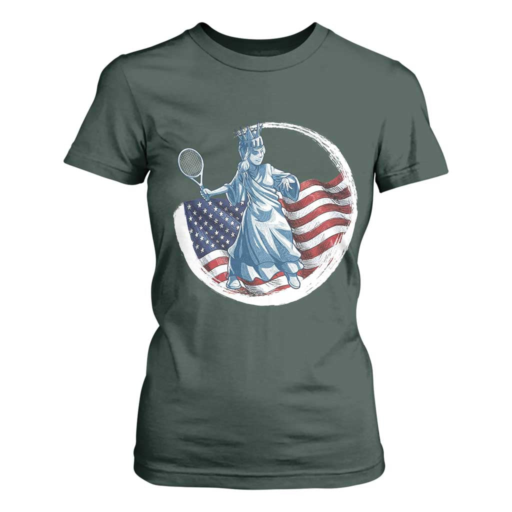 Funny Statue Of Liberty Tennis Player T Shirt For Women USA Pride Female Tennis Gift TS12 Dark Forest Green Print Your Wear