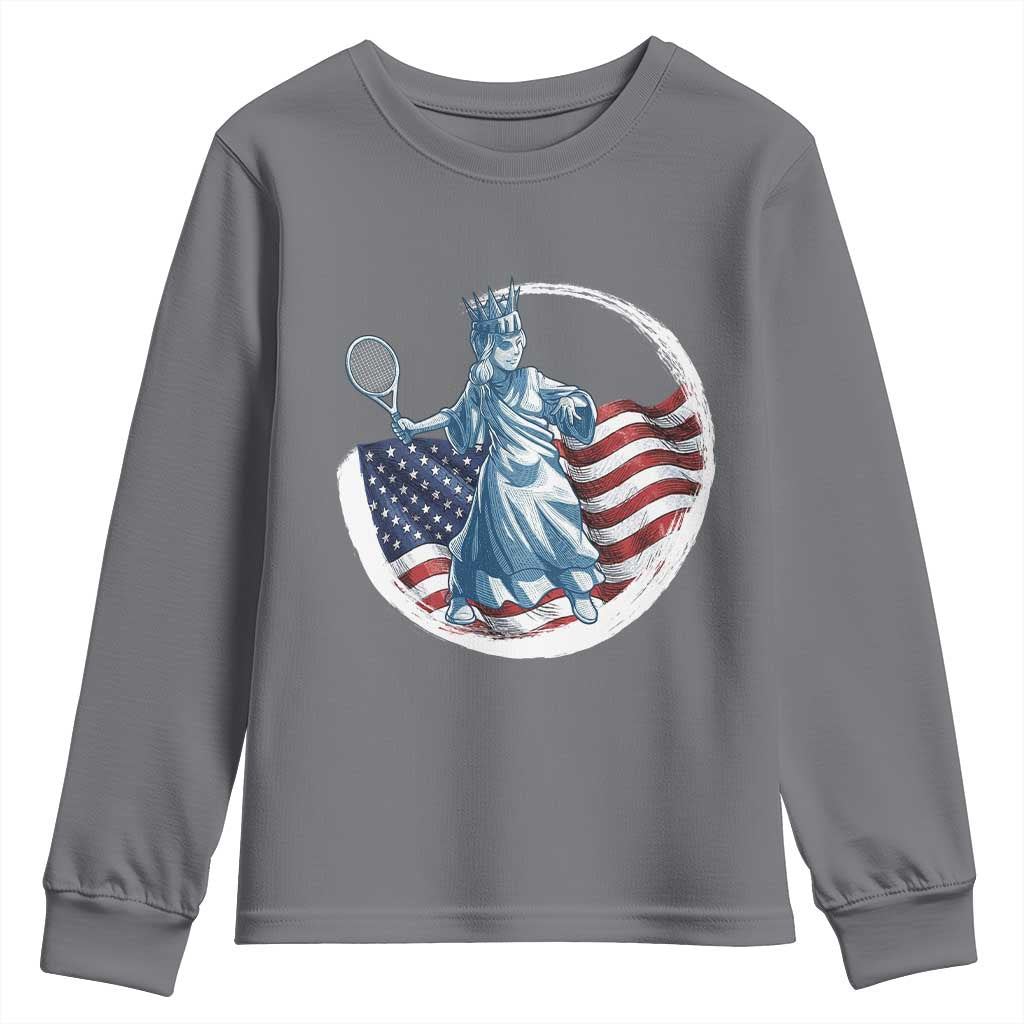 Funny Statue Of Liberty Tennis Player Youth Sweatshirt USA Pride Female Tennis Gift TS12 Charcoal Print Your Wear