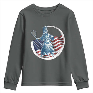 Funny Statue Of Liberty Tennis Player Youth Sweatshirt USA Pride Female Tennis Gift TS12 Dark Heather Print Your Wear