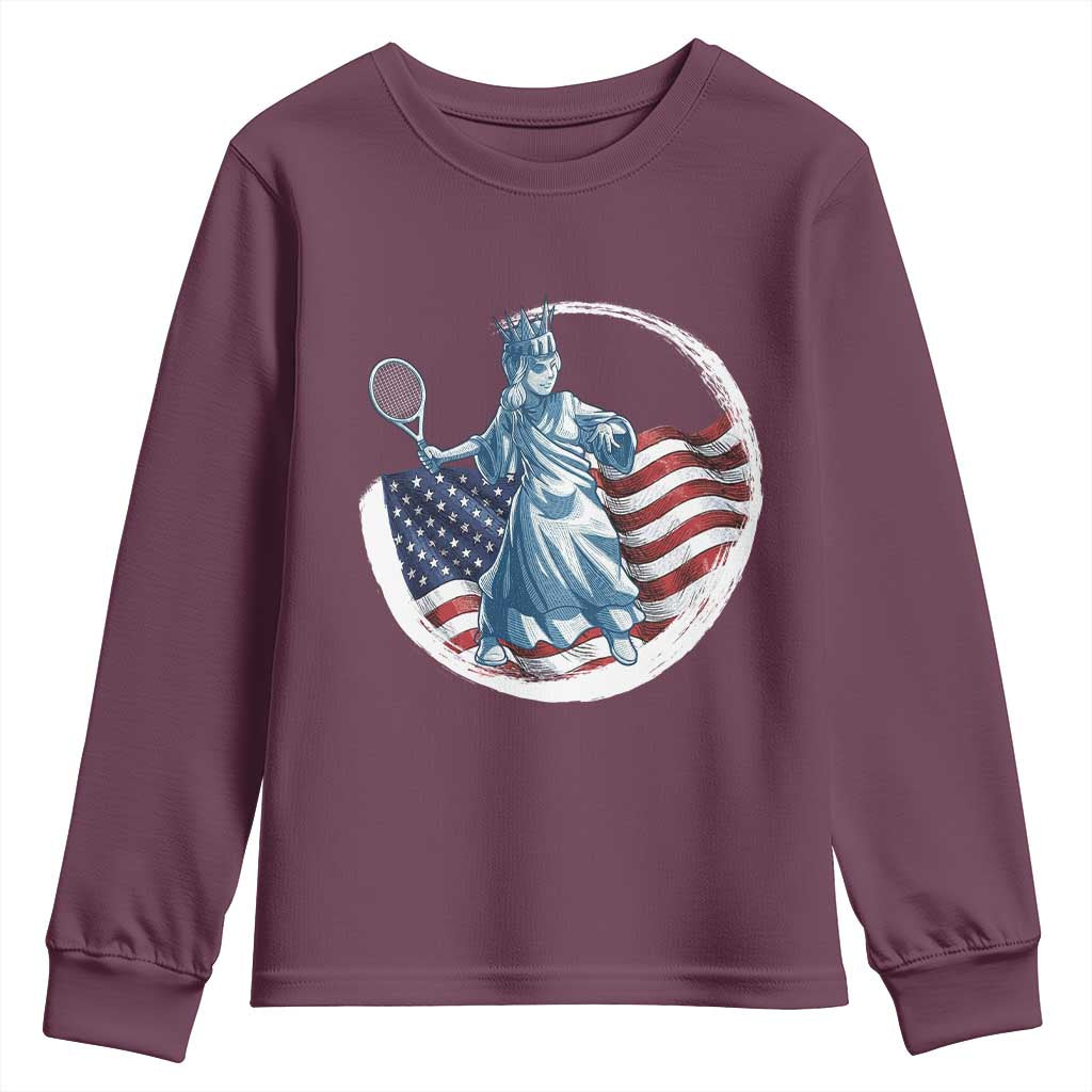 Funny Statue Of Liberty Tennis Player Youth Sweatshirt USA Pride Female Tennis Gift TS12 Maroon Print Your Wear