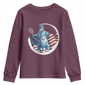 Funny Statue Of Liberty Tennis Player Youth Sweatshirt USA Pride Female Tennis Gift TS12 Maroon Print Your Wear