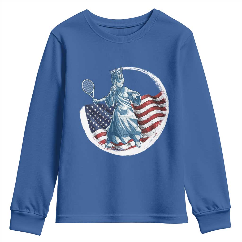 Funny Statue Of Liberty Tennis Player Youth Sweatshirt USA Pride Female Tennis Gift TS12 Royal Blue Print Your Wear