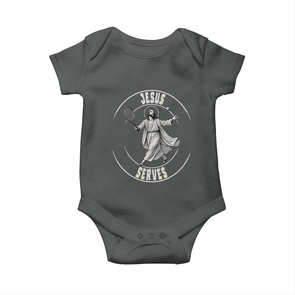 Christian Tennis Funny Gift For Believers Baby Onesie Jesus Serves TS12 Dark Heather Print Your Wear