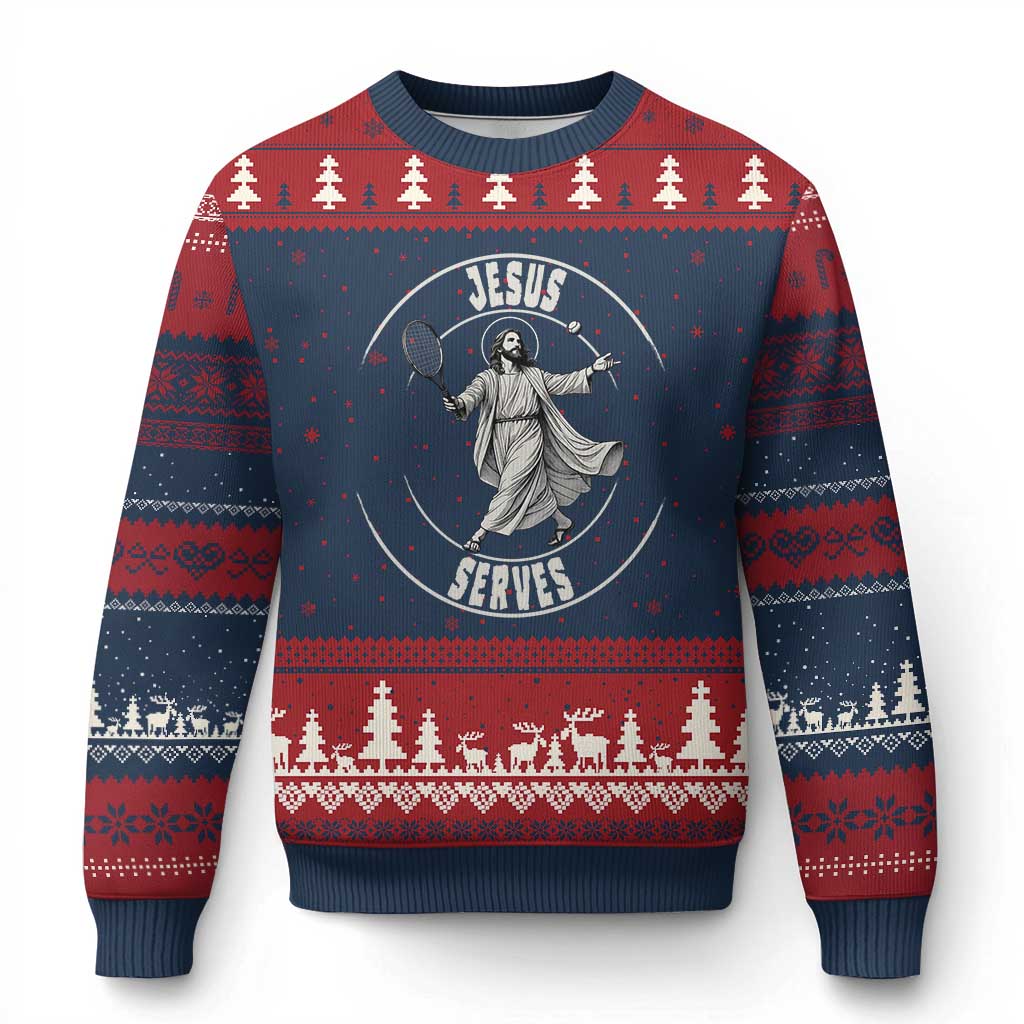 Christian Tennis Funny Gift For Believers Ugly Christmas Sweater Jesus Serves TS12 Navy Red Print Your Wear