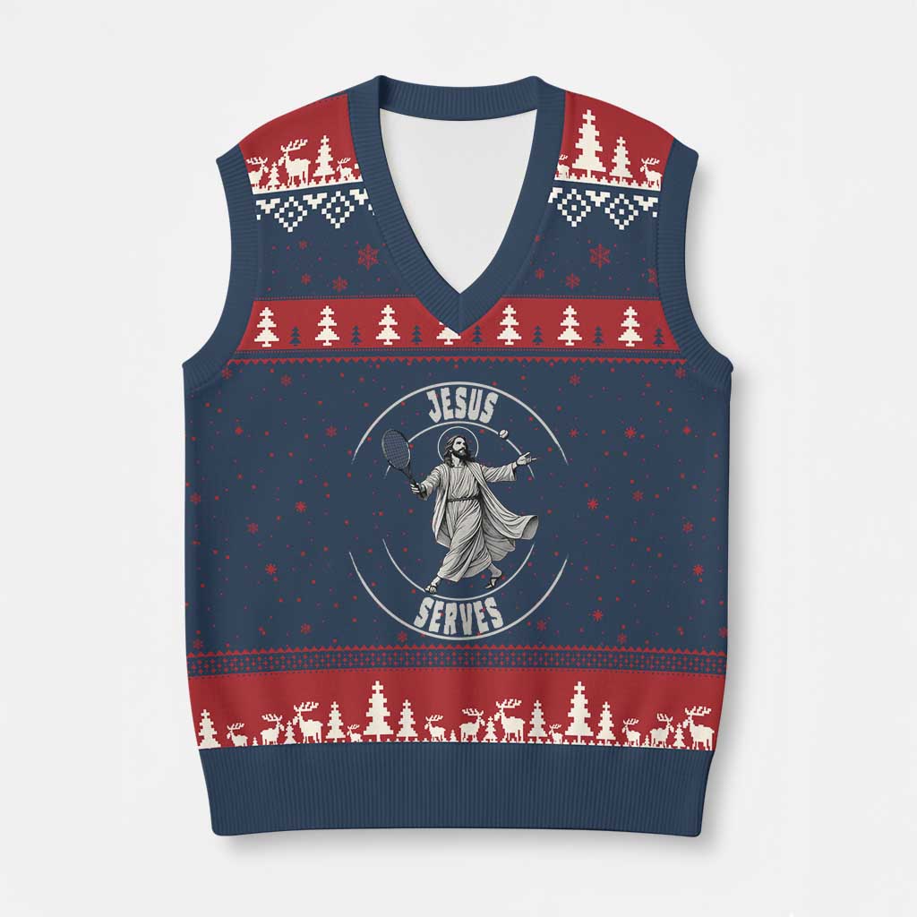 Christian Tennis Funny Gift For Believers V-Neck Knit Sweater Vest Jesus Serves TS12 Navy Red Print Your Wear