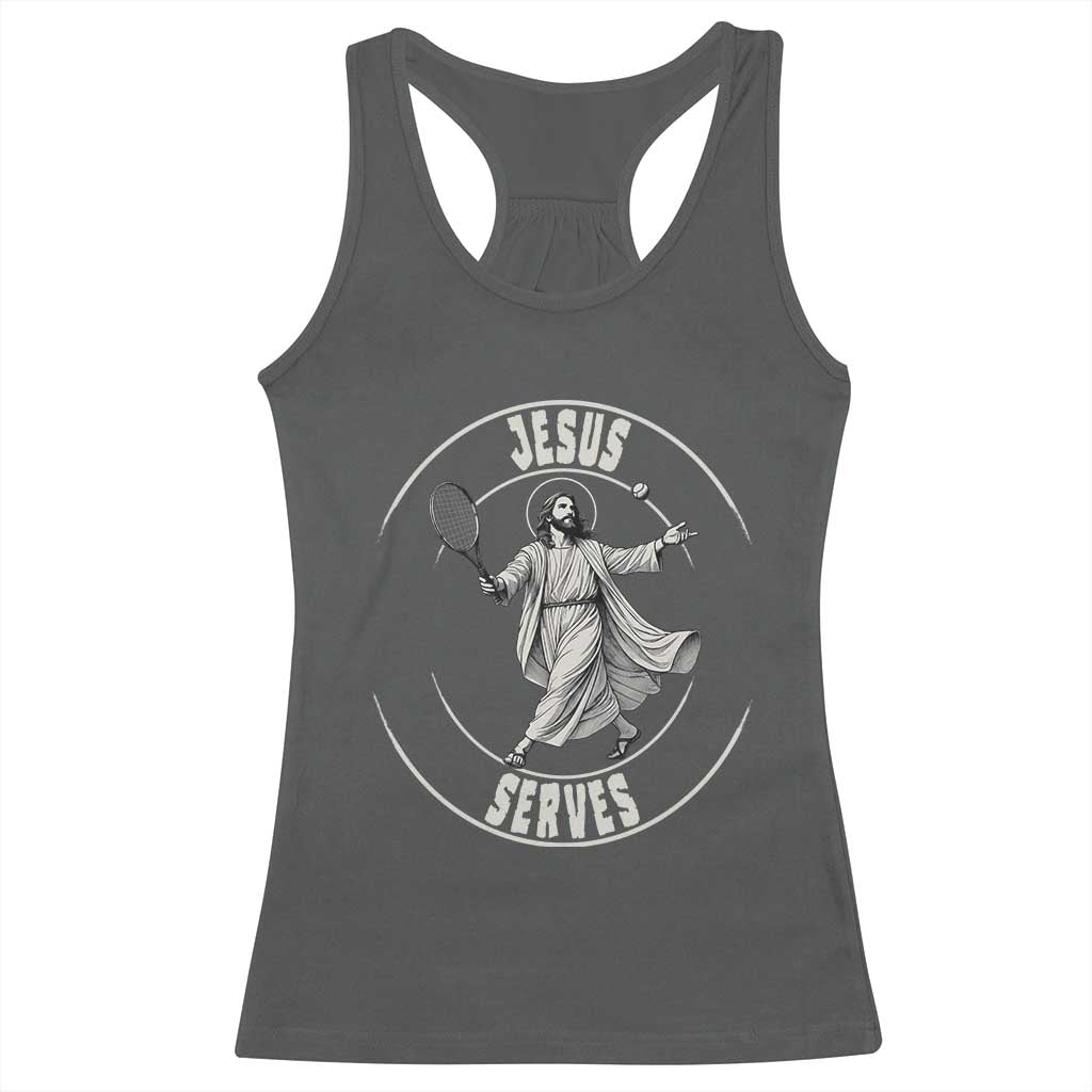 Christian Tennis Funny Gift For Believers Racerback Tank Top Jesus Serves TS12 Dark Heather Print Your Wear