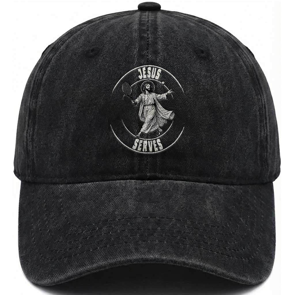 Christian Tennis Funny Gift For Believers Washed Cotton Baseball Cap Jesus Serves TS12 Print Your Wear