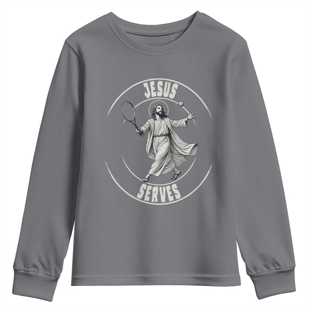Christian Tennis Funny Gift For Believers Youth Sweatshirt Jesus Serves TS12 Charcoal Print Your Wear