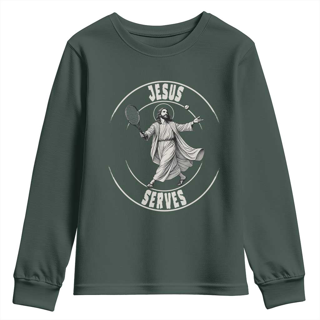 Christian Tennis Funny Gift For Believers Youth Sweatshirt Jesus Serves TS12 Dark Forest Green Print Your Wear