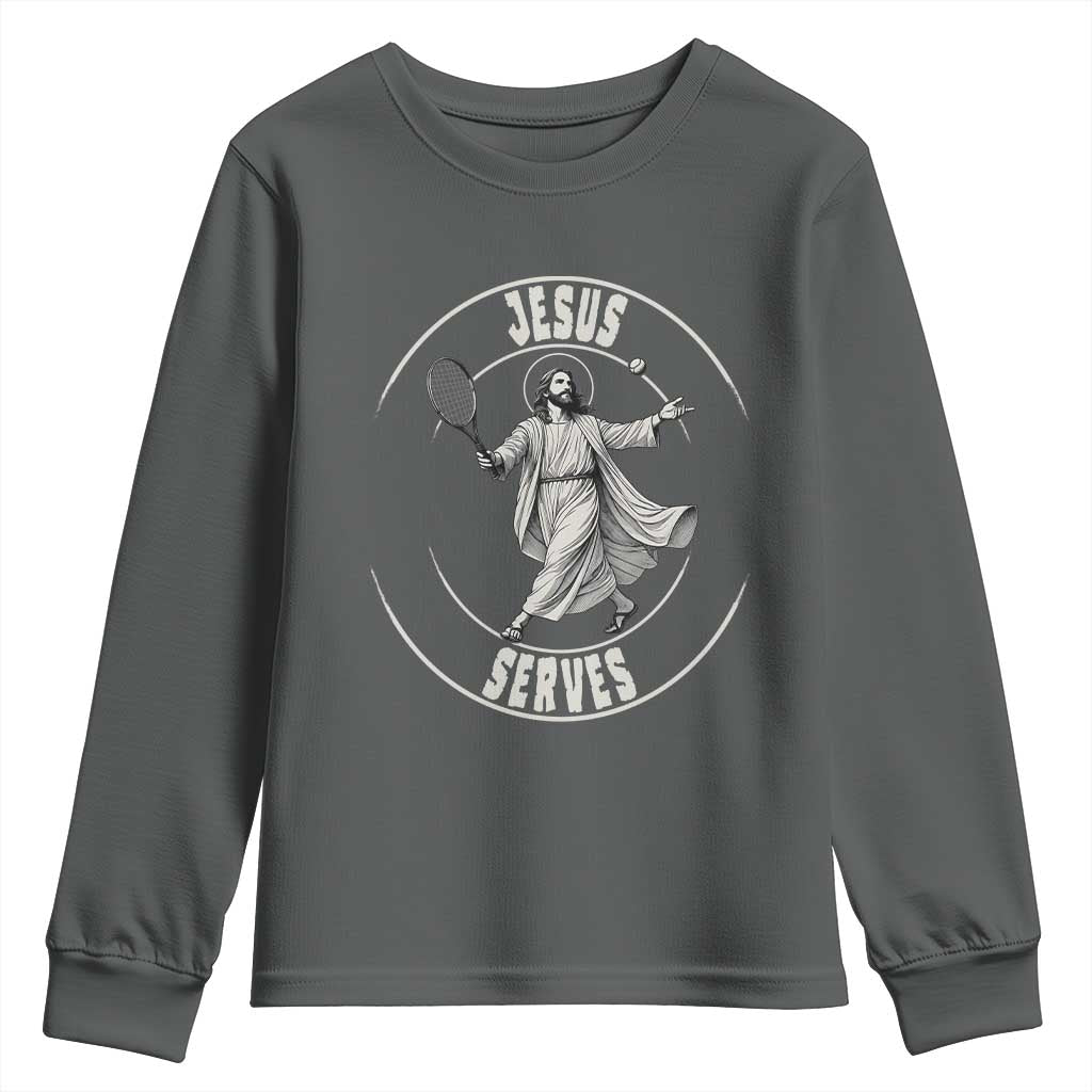 Christian Tennis Funny Gift For Believers Youth Sweatshirt Jesus Serves TS12 Dark Heather Print Your Wear
