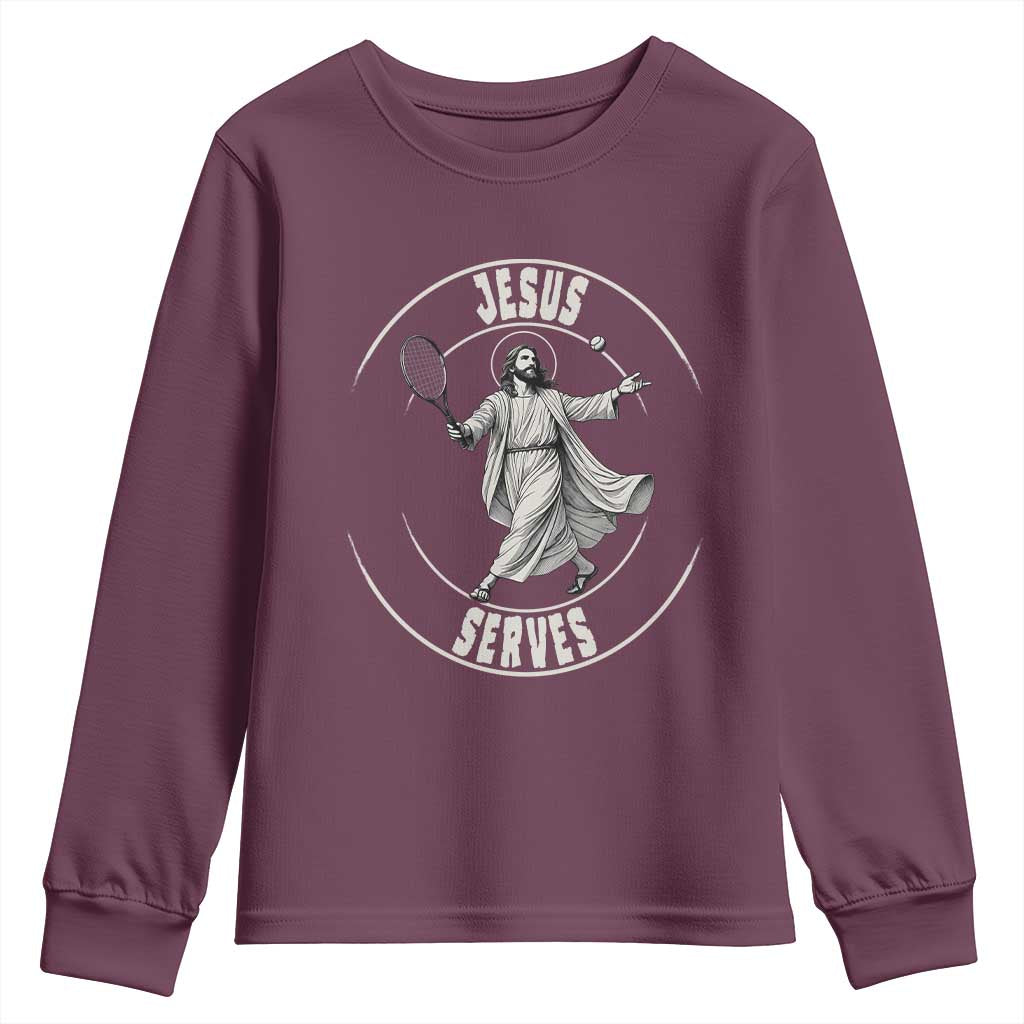 Christian Tennis Funny Gift For Believers Youth Sweatshirt Jesus Serves TS12 Maroon Print Your Wear