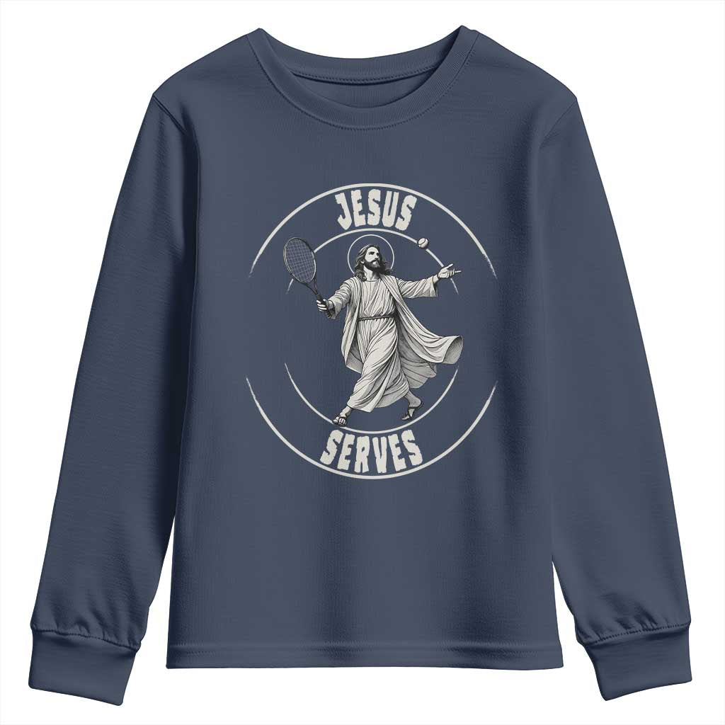Christian Tennis Funny Gift For Believers Youth Sweatshirt Jesus Serves TS12 Navy Print Your Wear