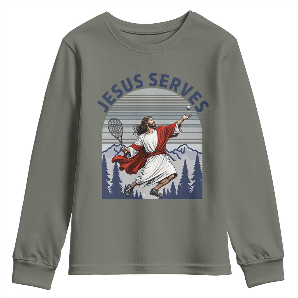 Christian Tennis Lover Gift Youth Sweatshirt Funny Christian Gift TS12 Military Green Print Your Wear