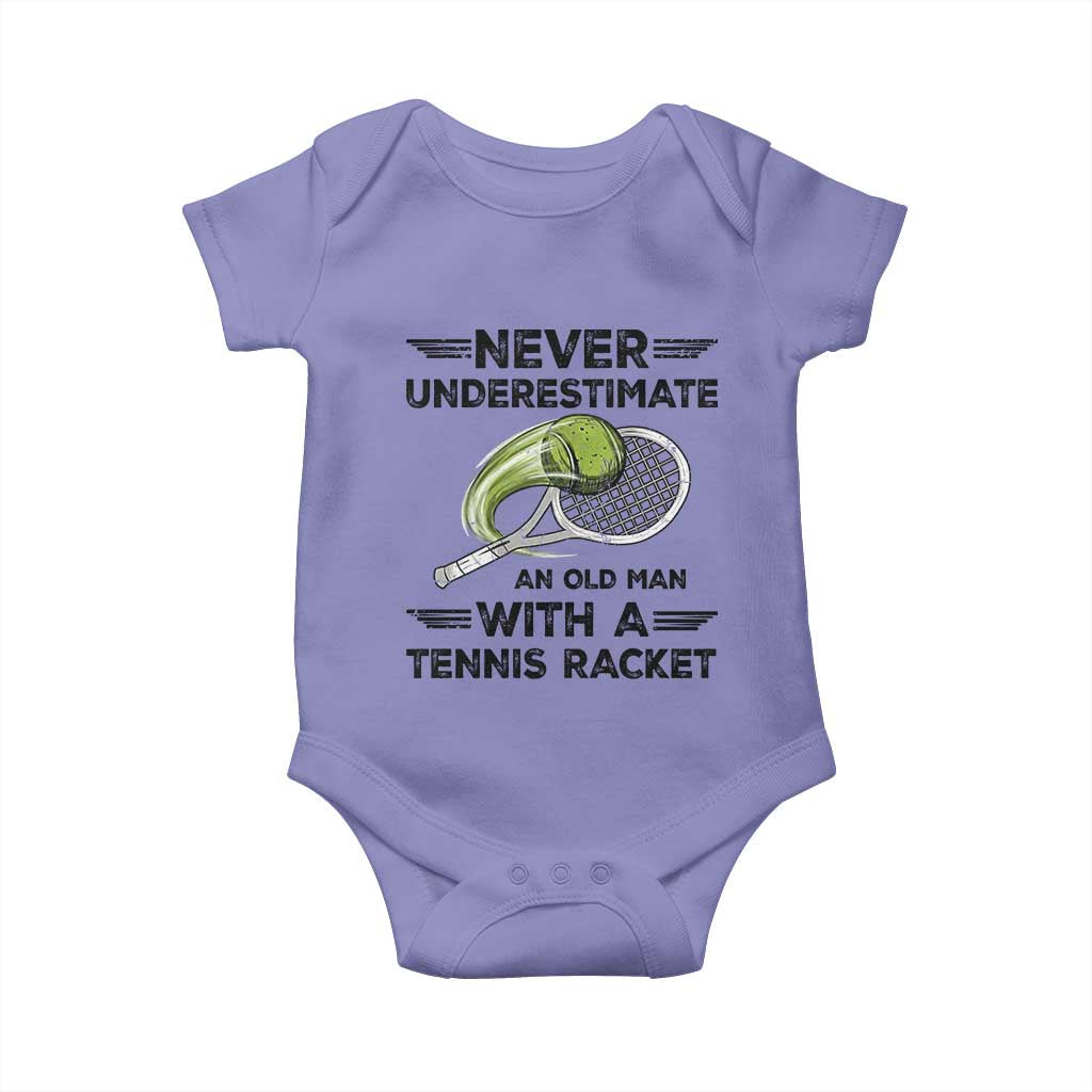 Funny Tennis Quote Baby Onesie Never Underestimate An Old Man With A Tennis Racket TS12 Violet Print Your Wear