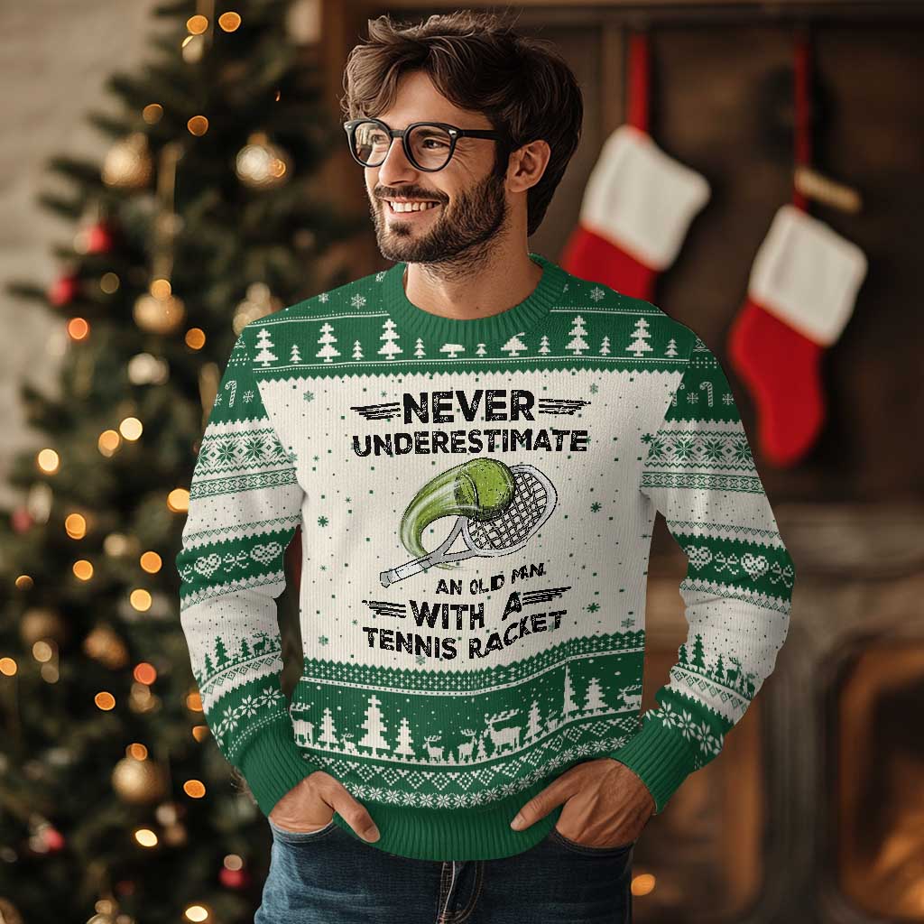 Funny Tennis Quote Ugly Christmas Sweater Never Underestimate An Old Man With A Tennis Racket TS12 Beige Green Print Your Wear