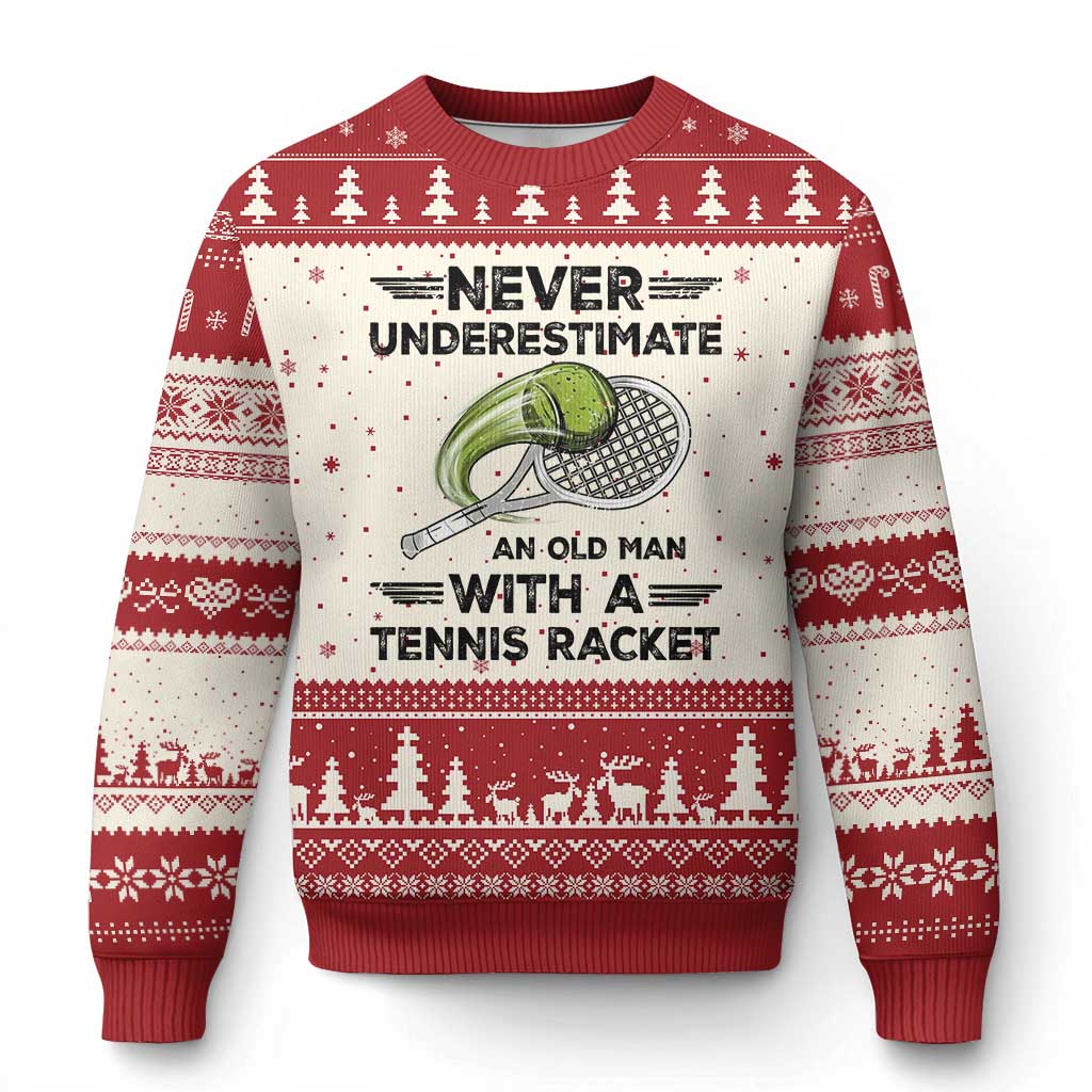 Funny Tennis Quote Ugly Christmas Sweater Never Underestimate An Old Man With A Tennis Racket TS12 Beige Red Print Your Wear