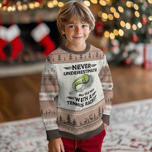 Funny Tennis Quote Ugly Christmas Sweater Never Underestimate An Old Man With A Tennis Racket TS12 Mocha Mousse Print Your Wear