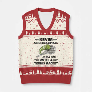 Funny Tennis Quote V-Neck Knit Sweater Vest Never Underestimate An Old Man With A Tennis Racket TS12 Beige Red Print Your Wear