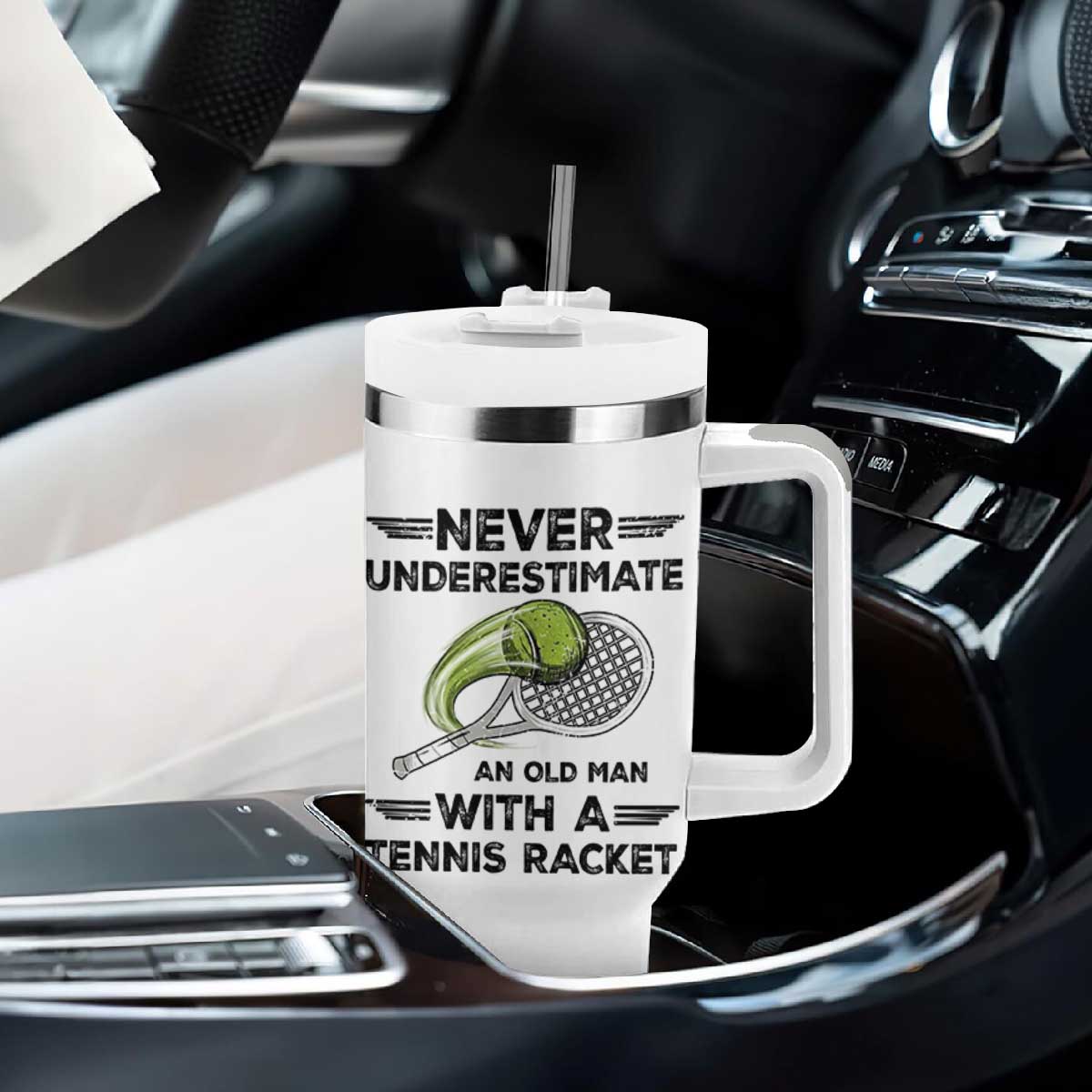 Funny Tennis Quote Tumbler With Handle Never Underestimate An Old Man With A Tennis Racket TS12 Print Your Wear