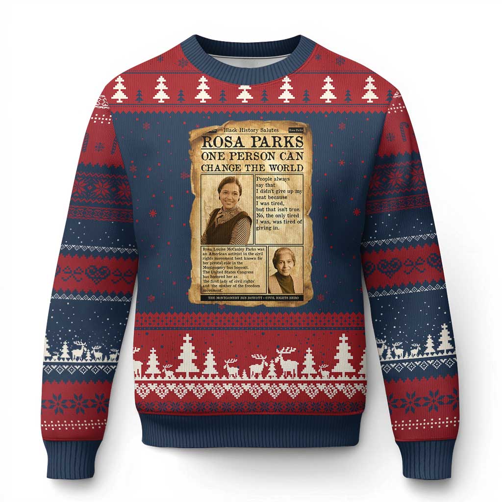 Vintage Newspaper Rosa Parks Ugly Christmas Sweater One Person Can Change The World Quote TS12 Navy Red Print Your Wear