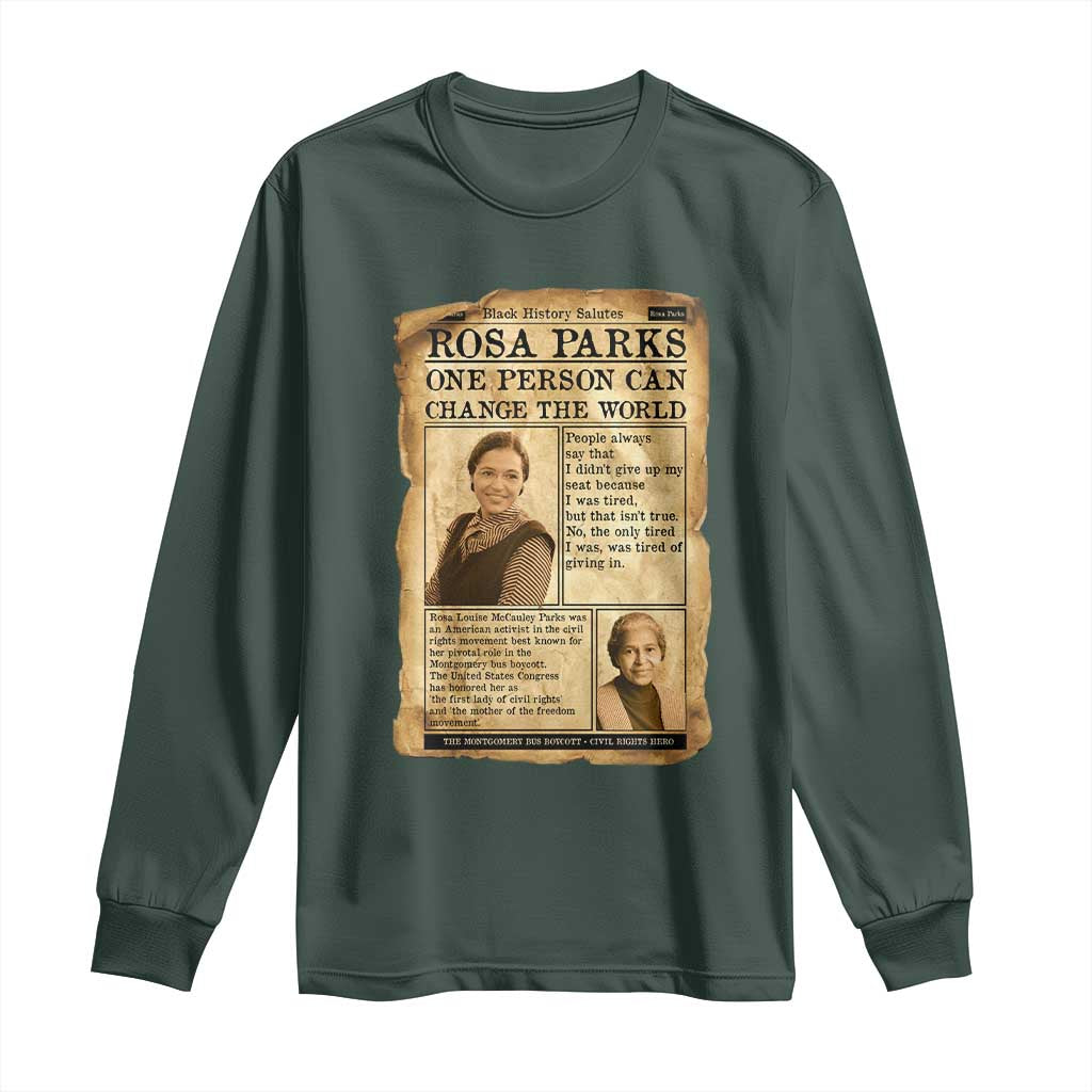 Vintage Newspaper Rosa Parks Long Sleeve Shirt One Person Can Change The World Quote TS12 Dark Forest Green Print Your Wear