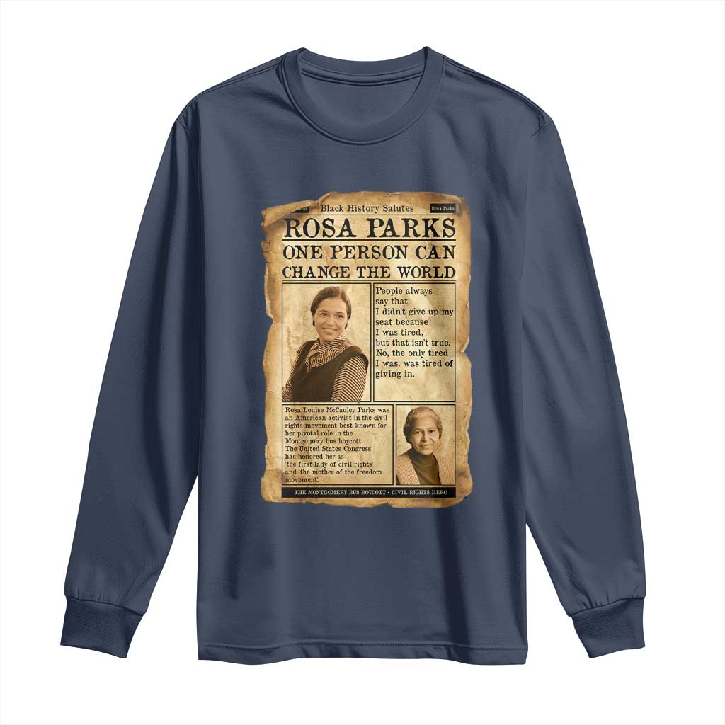 Vintage Newspaper Rosa Parks Long Sleeve Shirt One Person Can Change The World Quote TS12 Navy Print Your Wear