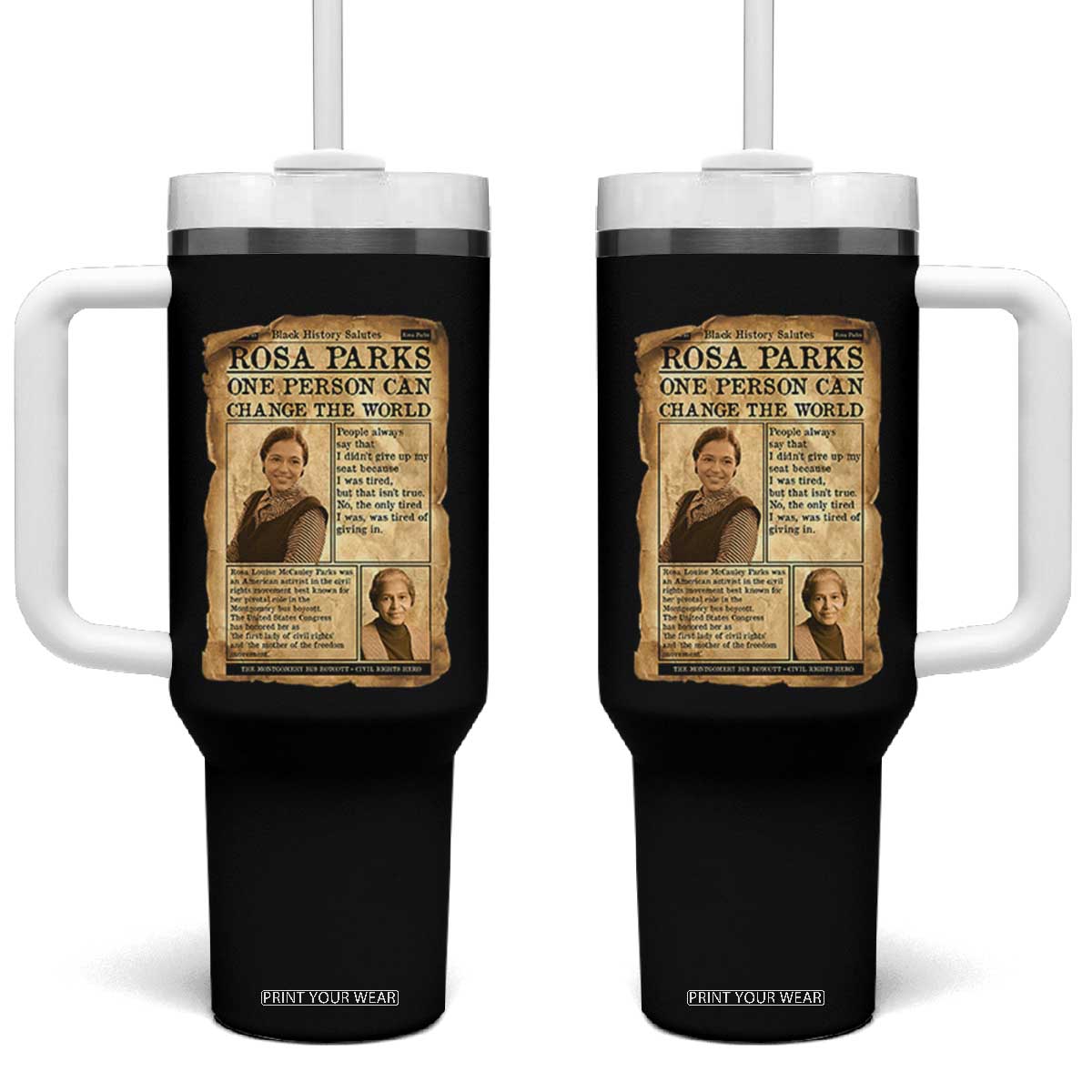 Vintage Newspaper Rosa Parks Tumbler With Handle One Person Can Change The World Quote TS12 One Size: 40 oz Black Print Your Wear