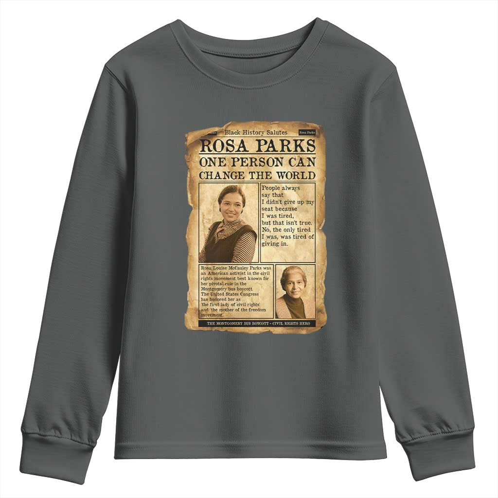 Vintage Newspaper Rosa Parks Youth Sweatshirt One Person Can Change The World Quote TS12 Dark Heather Print Your Wear