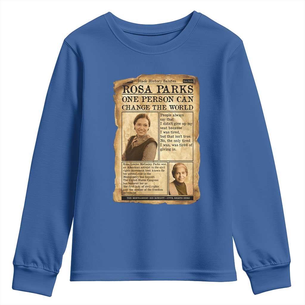Vintage Newspaper Rosa Parks Youth Sweatshirt One Person Can Change The World Quote TS12 Royal Blue Print Your Wear