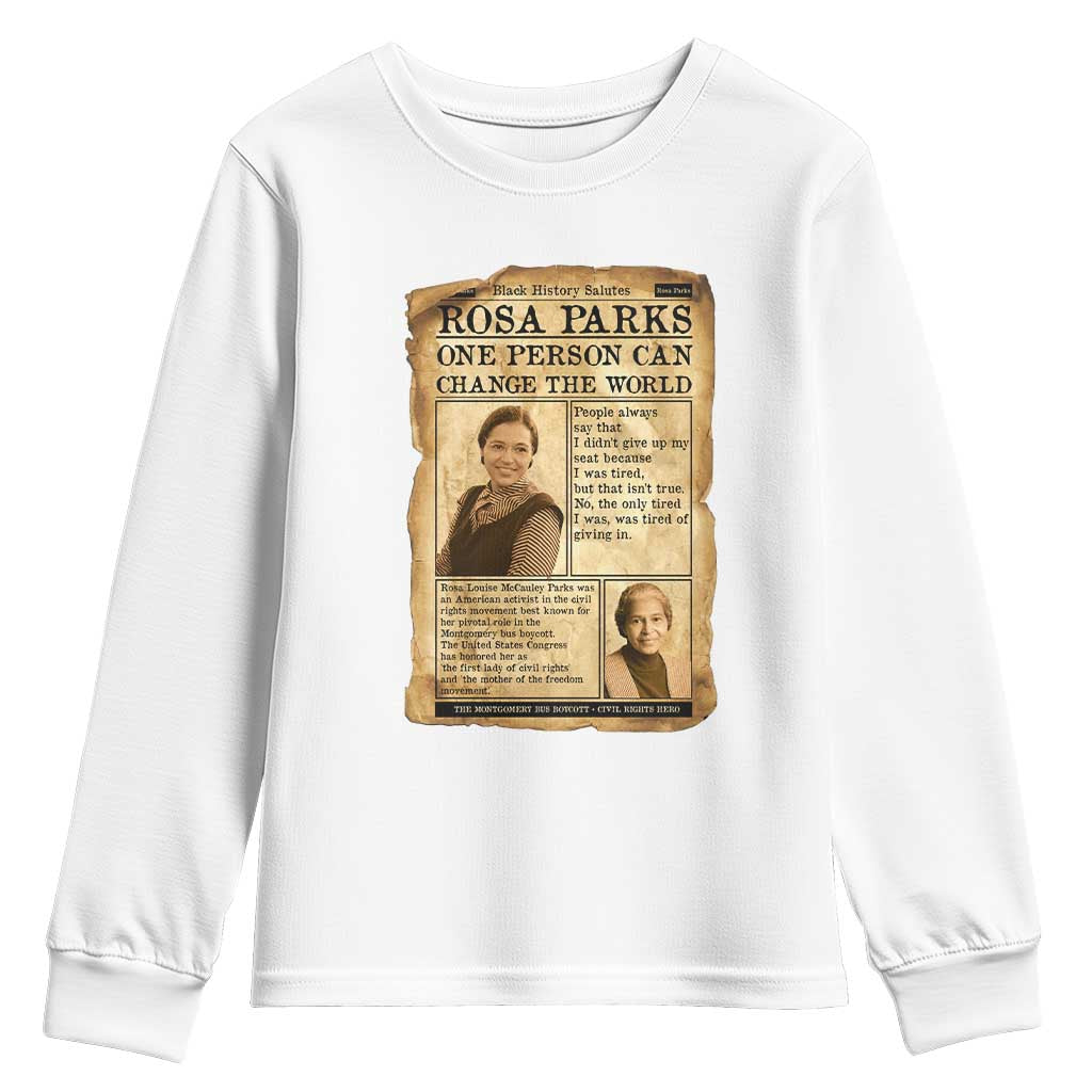 Vintage Newspaper Rosa Parks Youth Sweatshirt One Person Can Change The World Quote TS12 White Print Your Wear