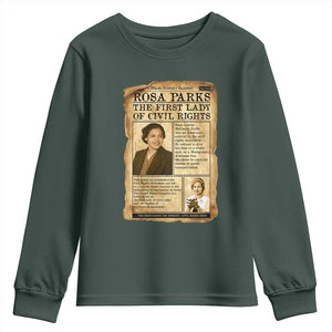 Vintage Newspaper Rosa Parks Youth Sweatshirt Civil Rights Hero TS12 Dark Forest Green Print Your Wear