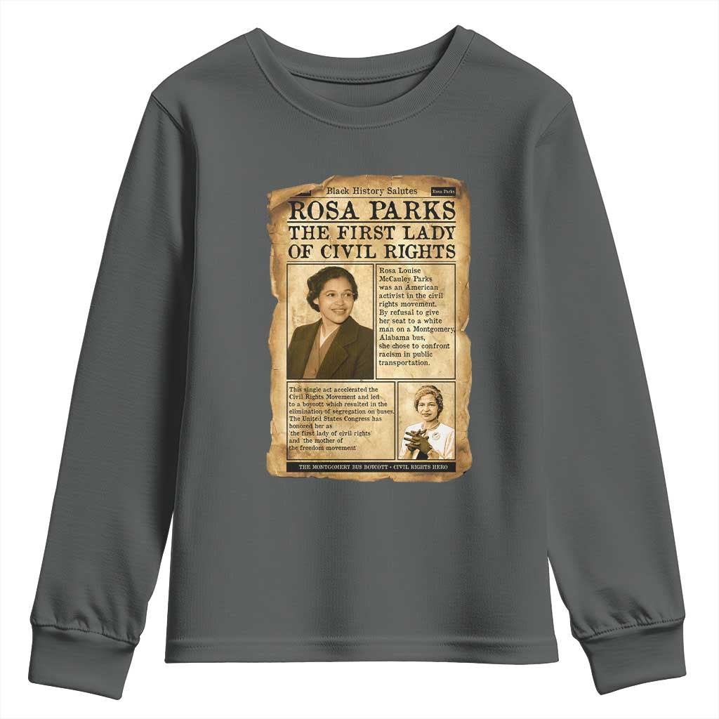 Vintage Newspaper Rosa Parks Youth Sweatshirt Civil Rights Hero TS12 Dark Heather Print Your Wear