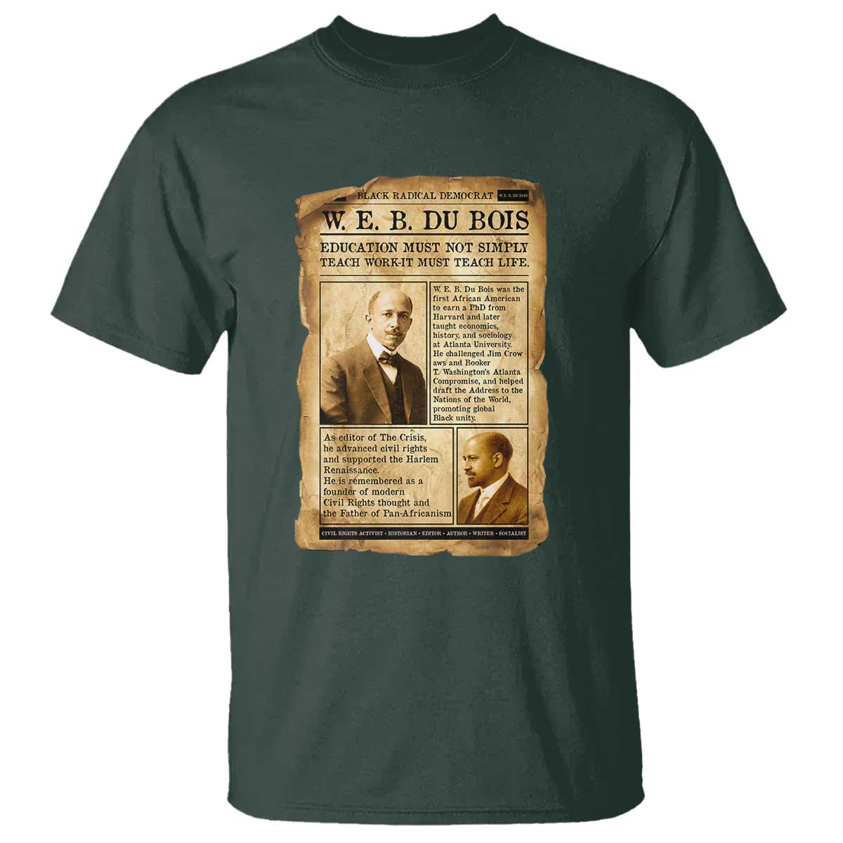 Vintage Newspaper W E B Du Bois T Shirt African American Scholar TS12 Dark Forest Green Print Your Wear