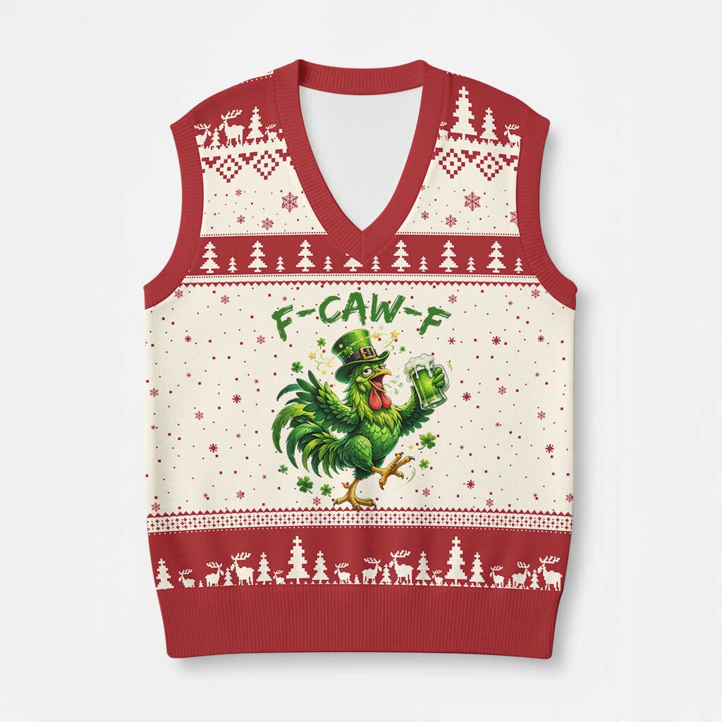 F Caw F Drunk Irish Chicken V-Neck Knit Sweater Vest Funny St Patricks Day Gift TS12 Beige Red Print Your Wear