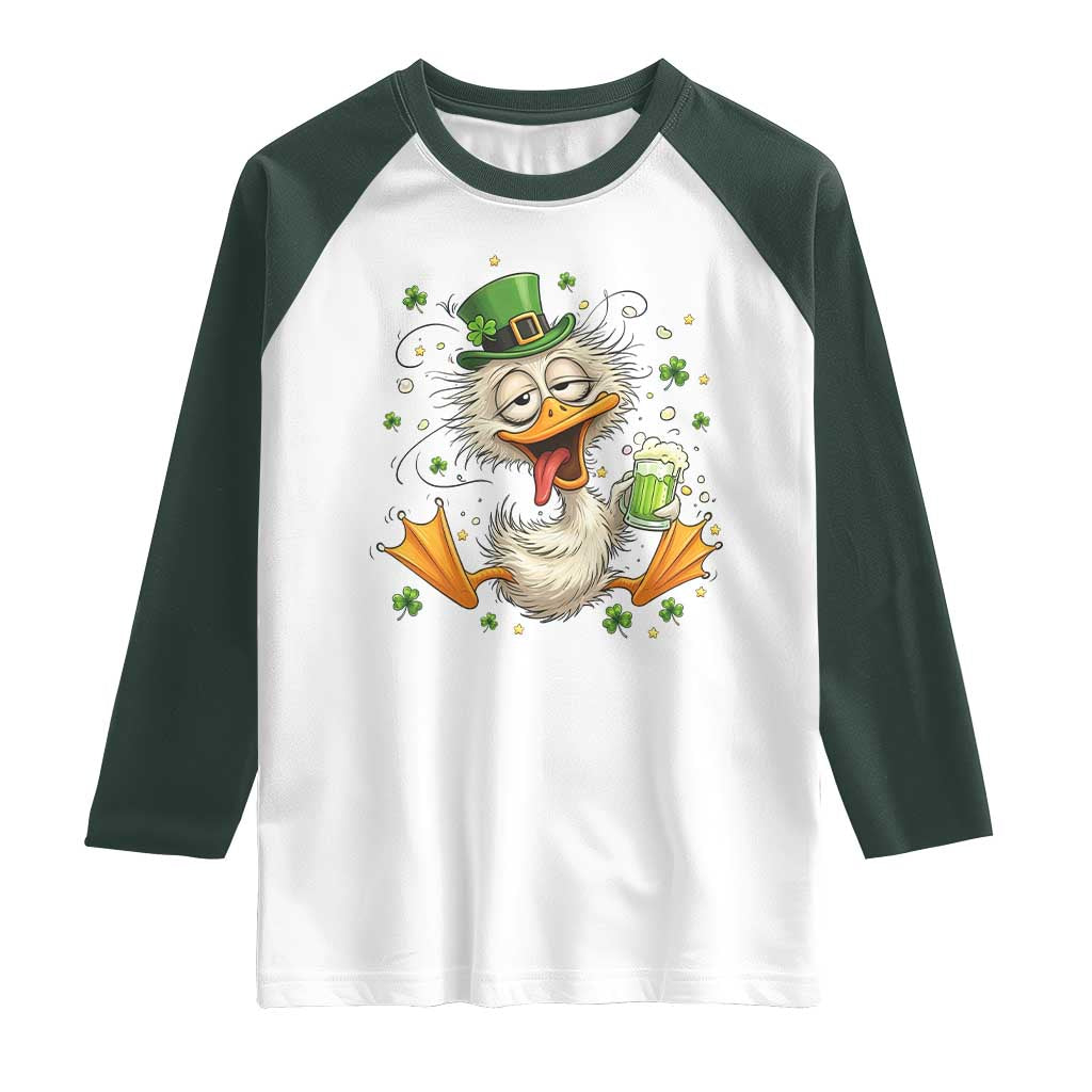 Funny Drunk Irish Duck Raglan Shirt St Patricks Day Gift TS12 White Dark Forest Green Print Your Wear