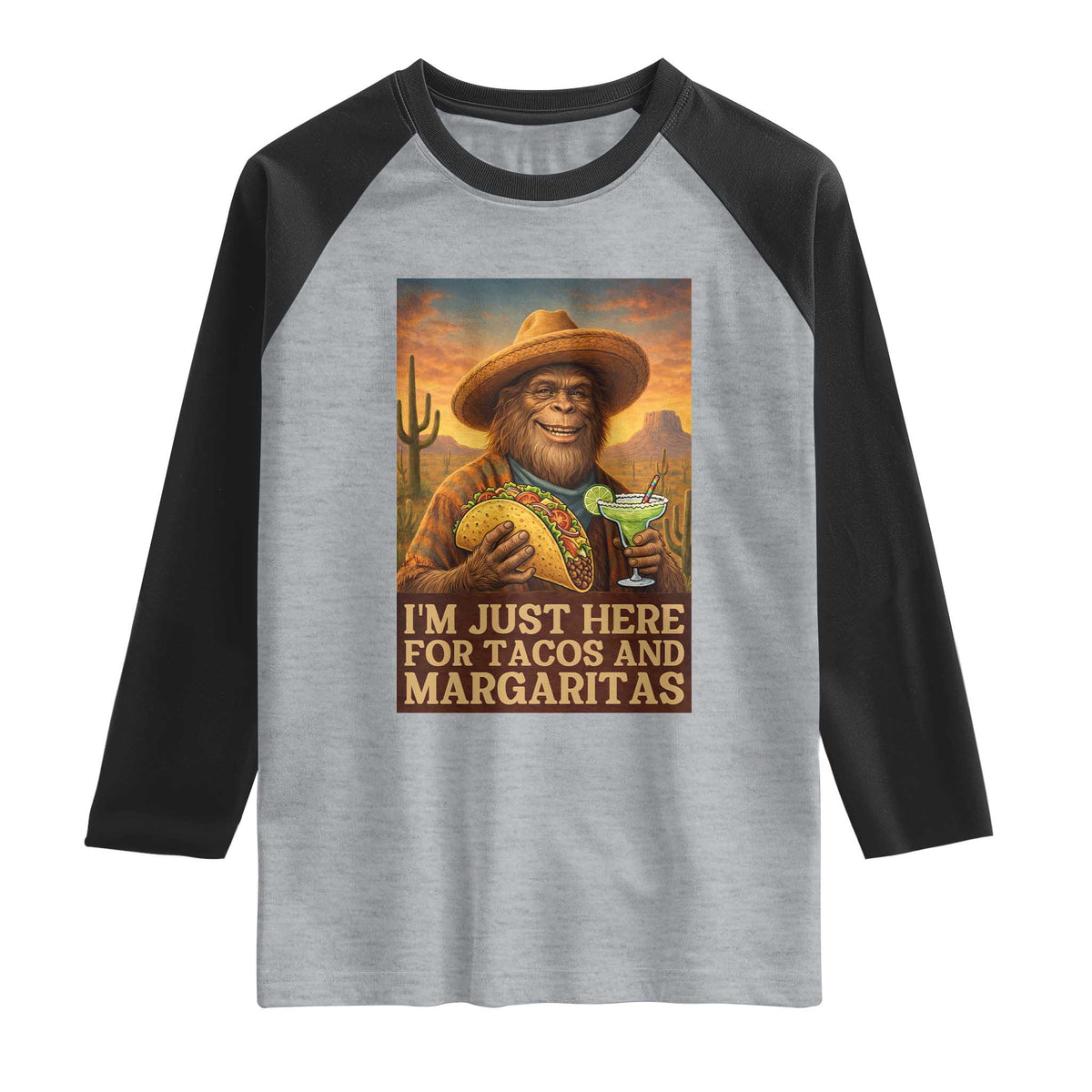 Funny El Squatcho Cinco De Mayo Raglan Shirt Just Here For Tacos And Margaritas TS12 Heather Gray Black Print Your Wear