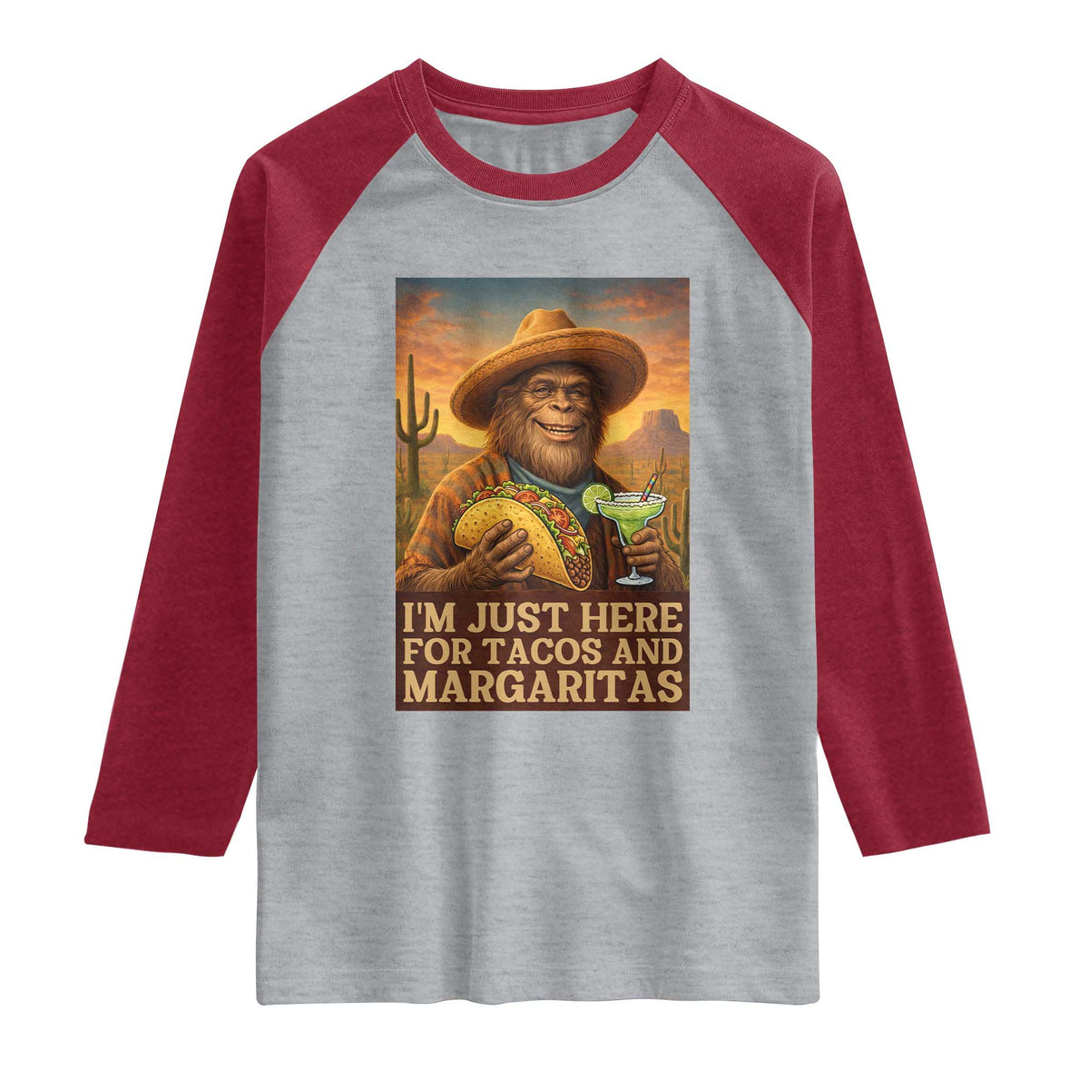 Funny El Squatcho Cinco De Mayo Raglan Shirt Just Here For Tacos And Margaritas TS12 Heather Gray Heather Red Print Your Wear