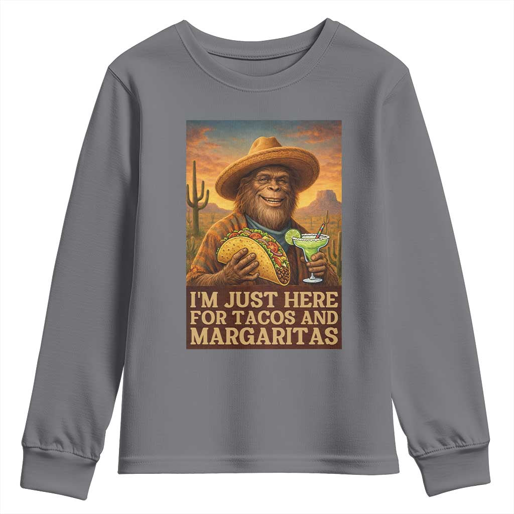 Funny El Squatcho Cinco De Mayo Youth Sweatshirt Just Here For Tacos And Margaritas TS12 Charcoal Print Your Wear