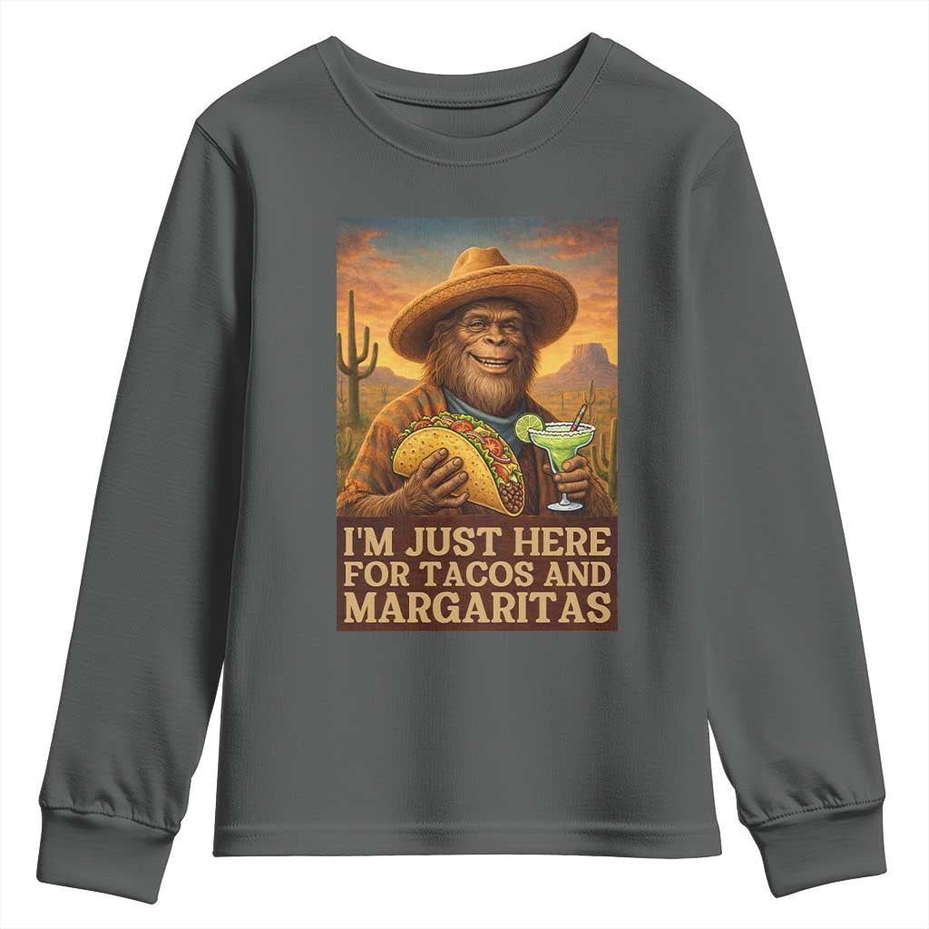 Funny El Squatcho Cinco De Mayo Youth Sweatshirt Just Here For Tacos And Margaritas TS12 Dark Heather Print Your Wear