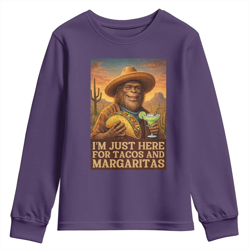 Funny El Squatcho Cinco De Mayo Youth Sweatshirt Just Here For Tacos And Margaritas TS12 Purple Print Your Wear