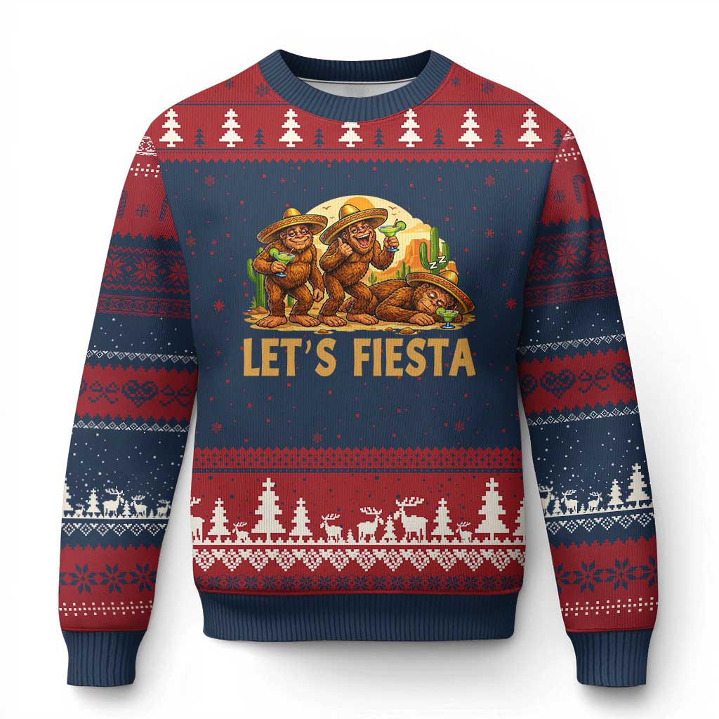 Funny Drunk Bigfoot Cinco De Mayo Ugly Christmas Sweater Lets Fiesta Party Gift TS12 Navy Red Print Your Wear