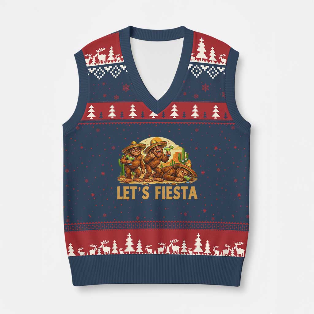 Funny Drunk Bigfoot Cinco De Mayo V-Neck Knit Sweater Vest Lets Fiesta Party Gift TS12 Navy Red Print Your Wear