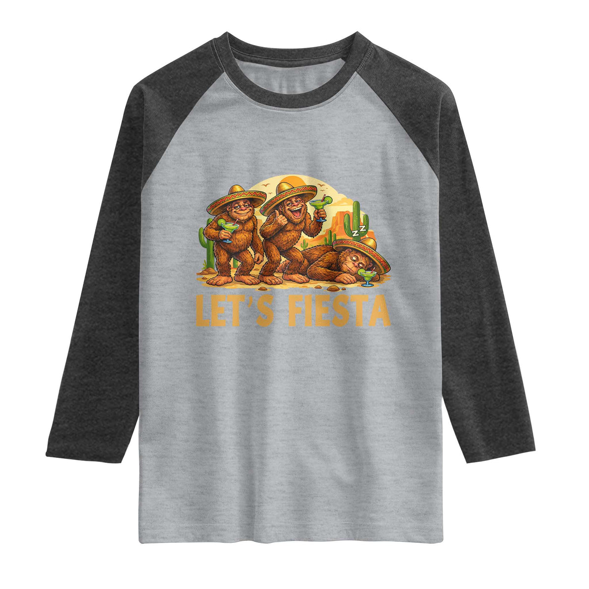 Funny Drunk Bigfoot Cinco De Mayo Raglan Shirt Lets Fiesta Party Gift TS12 Heather Gray Heather Charcoal Print Your Wear