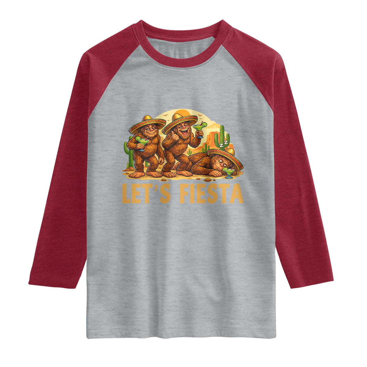 Funny Drunk Bigfoot Cinco De Mayo Raglan Shirt Lets Fiesta Party Gift TS12 Heather Gray Heather Red Print Your Wear