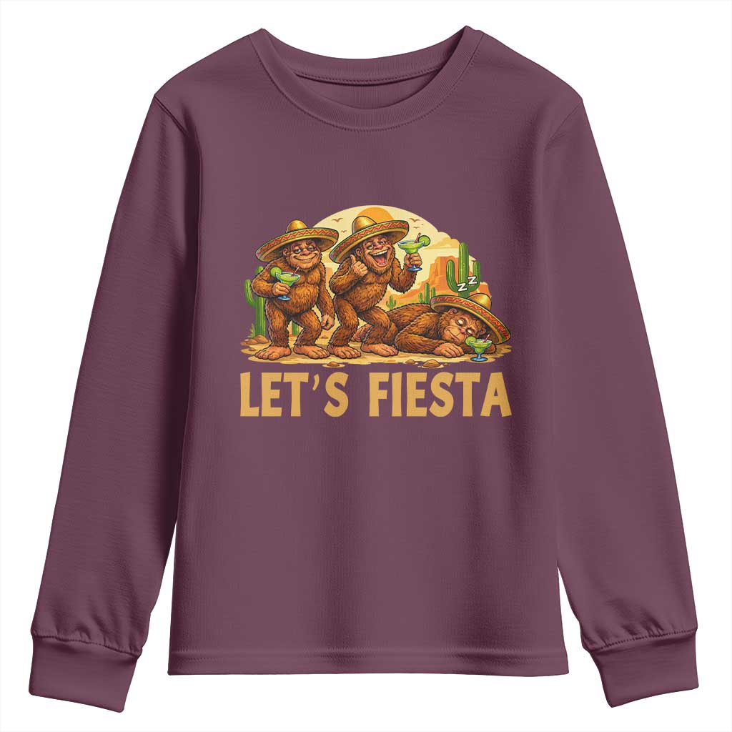 Funny Drunk Bigfoot Cinco De Mayo Youth Sweatshirt Lets Fiesta Party Gift TS12 Maroon Print Your Wear