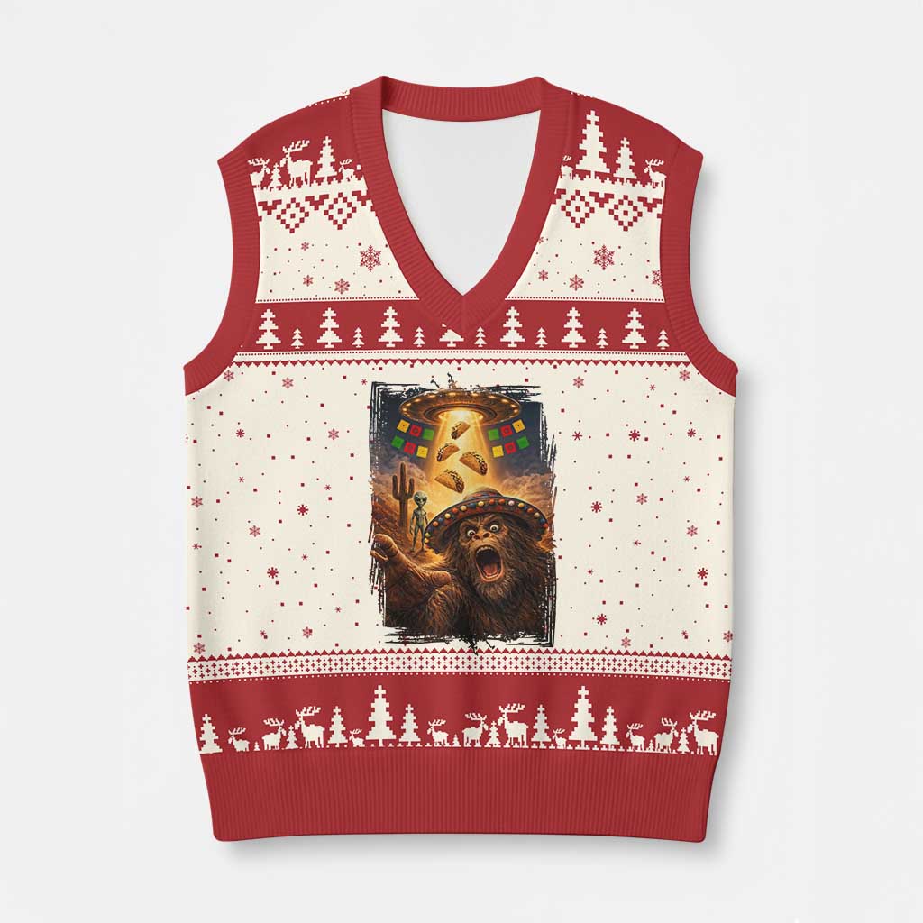 Funny Bigfoot Alien Selfie V-Neck Knit Sweater Vest Cinco De Mayo Party Gift TS12 Beige Red Print Your Wear